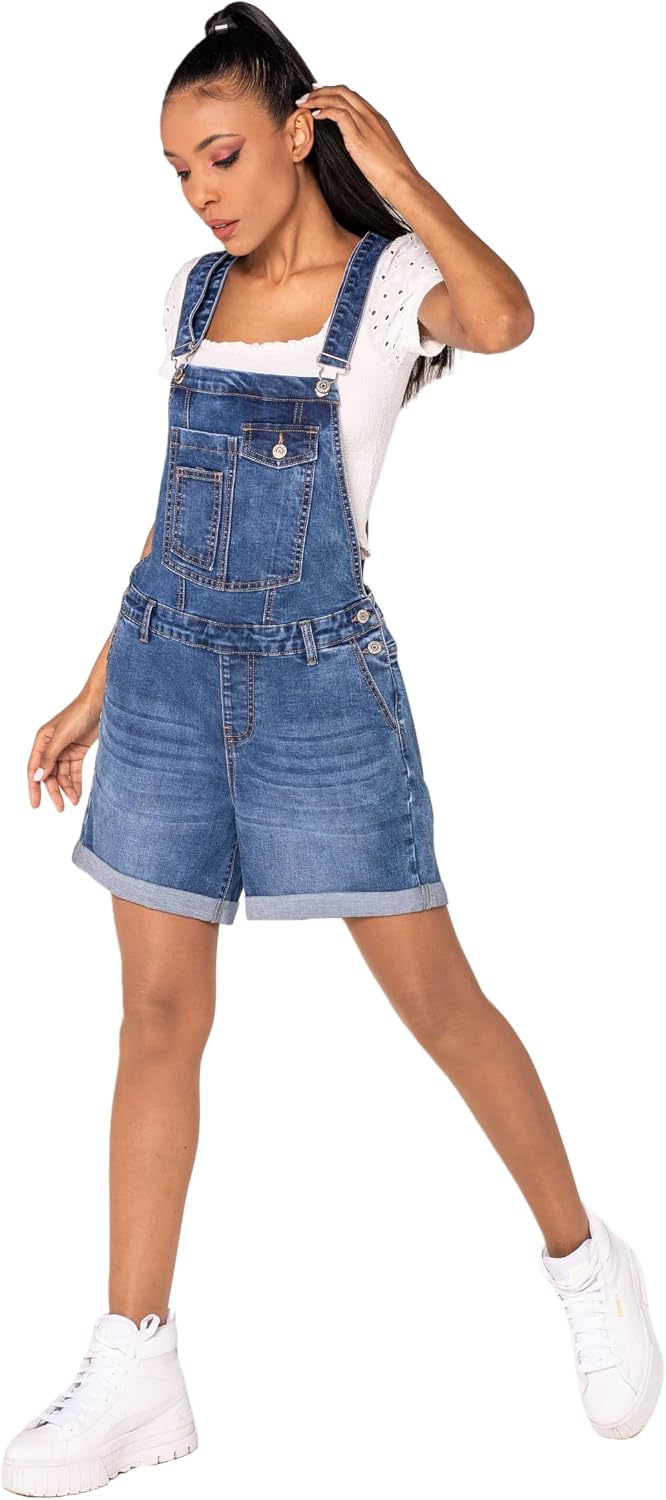 Nina Carter S511 Damen Jeans Latzshorts – Kurze Latzhose aus Denim mit Brusttaschen &amp; Knöpfen – Somm