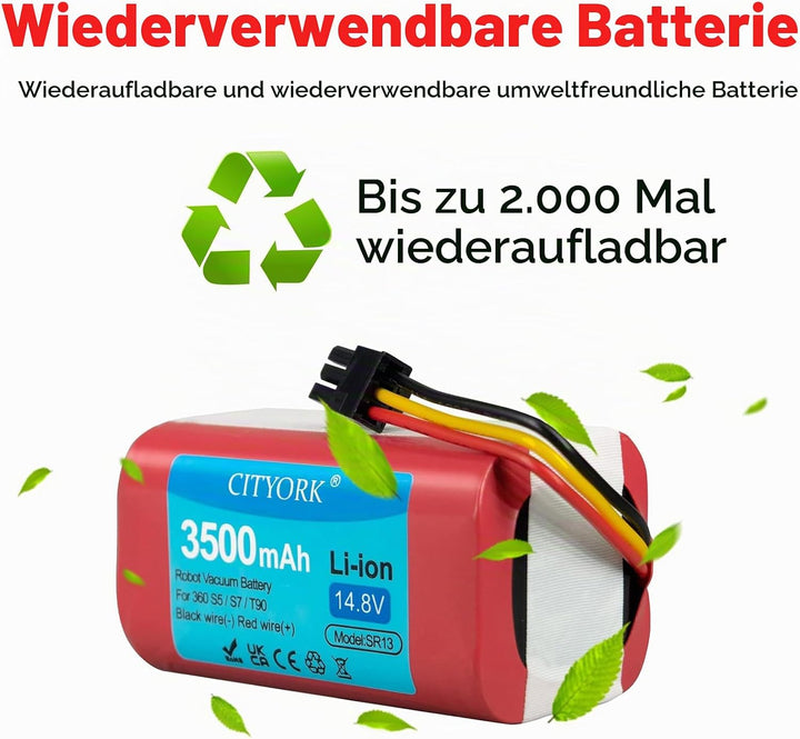 CITYORK 14,8 V 3500 mAh Ersatzakku für 360 S5 S7 S7 Pro T90, wiederaufladbarer Li-Ion-Staubsauger-Ak