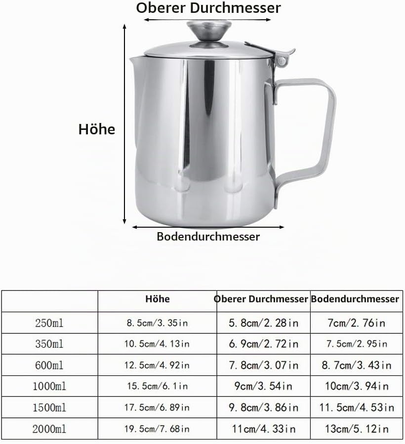 MAGT Edelstahl Kanne mit Deckel, 2000ml Milchkanne Edelstahl Kaffeekanne Milchschaumkännchen mit Dec
