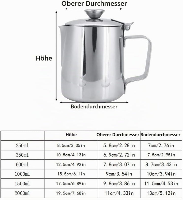 MAGT Edelstahl Kanne mit Deckel, 2000ml Milchkanne Edelstahl Kaffeekanne Milchschaumkännchen mit Dec