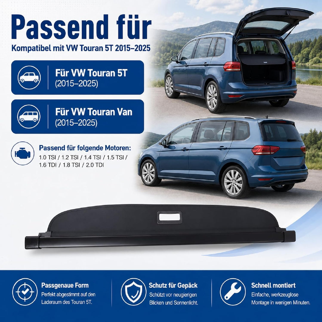 Callume Kofferraumabdeckung Schwarz Kompatibel mit VW Touran 5T 2015-2025 5TA867871 5TA867871A 5TA86