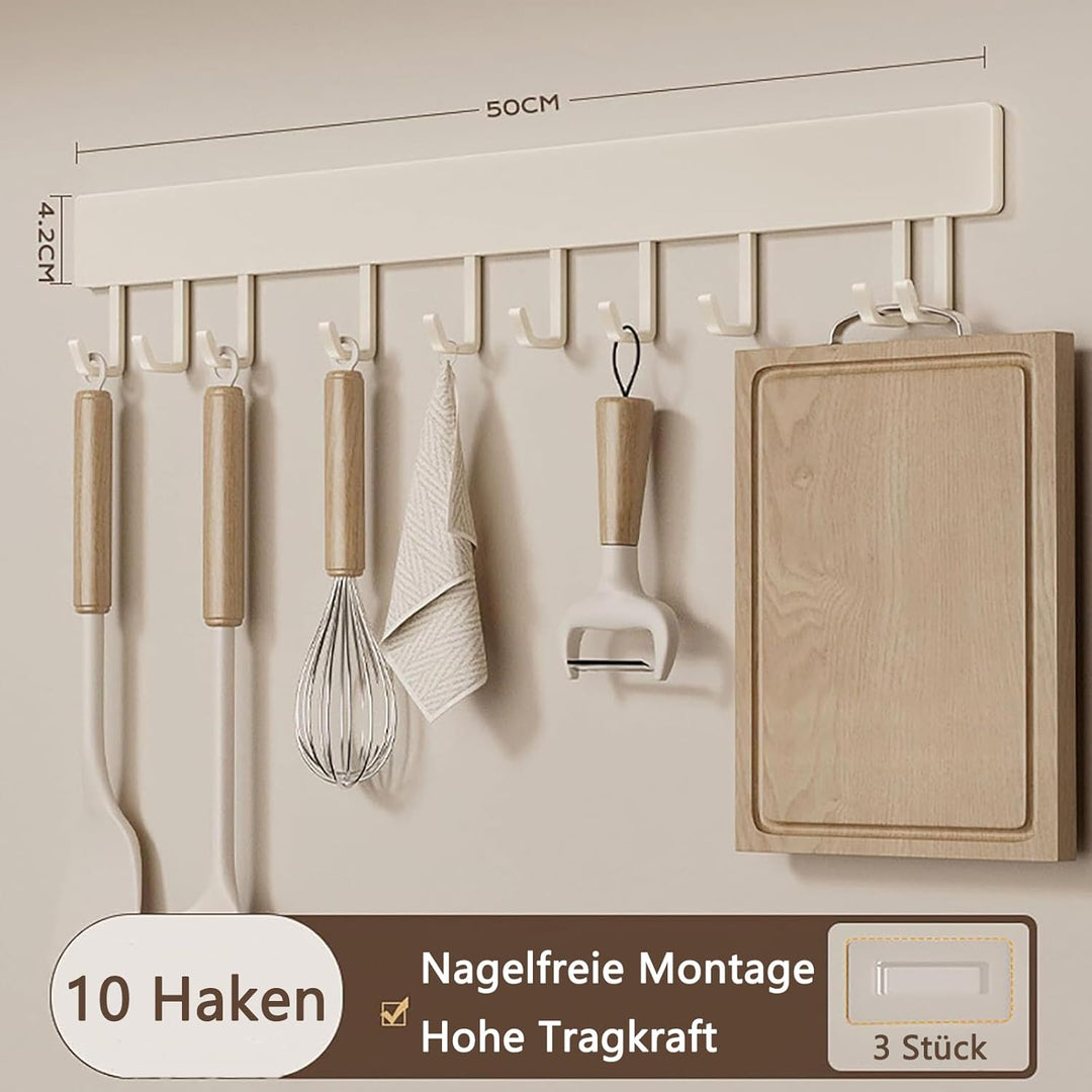 Hakenleiste Küche, 50 cm Hängestange Selbstklebend, Küchenstange mit 10 Beweglichen Haken, Küchenrel