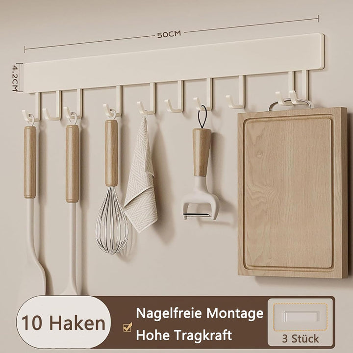 Hakenleiste Küche, 50 cm Hängestange Selbstklebend, Küchenstange mit 10 Beweglichen Haken, Küchenrel