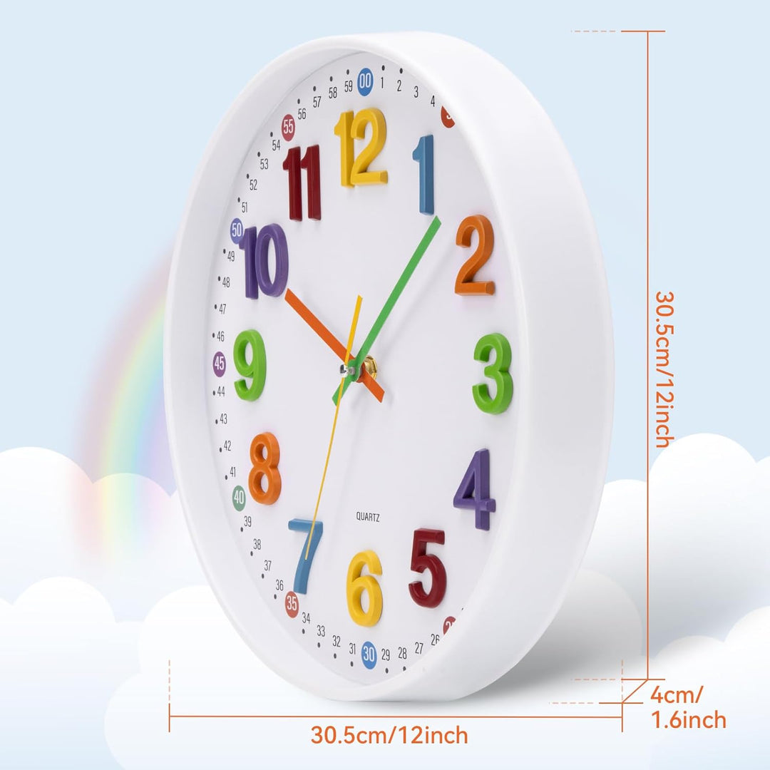 ACCSHINE Kinder Wanduhr ohne Tickgeräusche Lernuhr 30cm 3D Bunt Zahlen Modern Quartz Lautlos Wanduhr