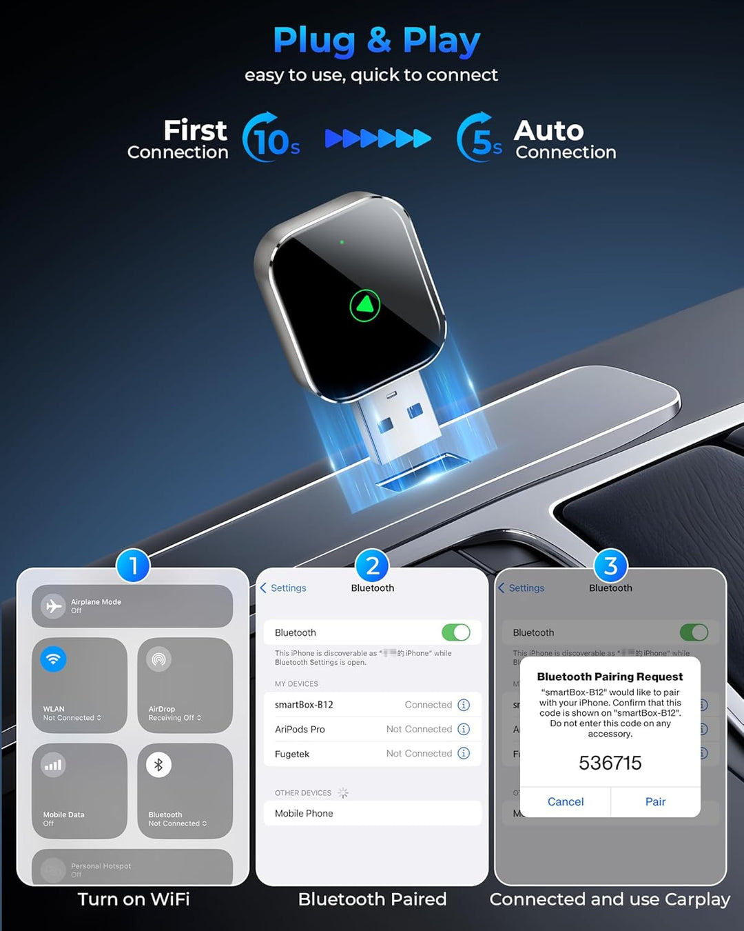 Mini CarPlay Wireless Adapter für iPhone - Converts Wired to Wireless CarPlay Adapter, CarPlay Stick