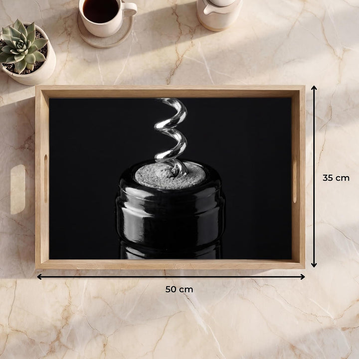 Tablett Serviertablett Kaffeetablett Servierplatte Eichenholz Korkenzieher - Wein 50 x 35 x 5 cm, Ko