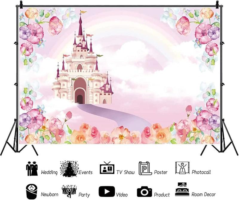 Renaiss 2.5x1.8m Rosa Schloss Hintergrund Blumen Regenbogen Wolke Märchen Fotografie Hintergrund Bab