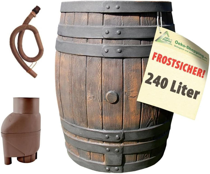 REGENTONNE EICHENFASS 240 Liter REGENFASS Wasserfass REGENWASSERTONNE Wassertonne - FROSTSICHERES Ga