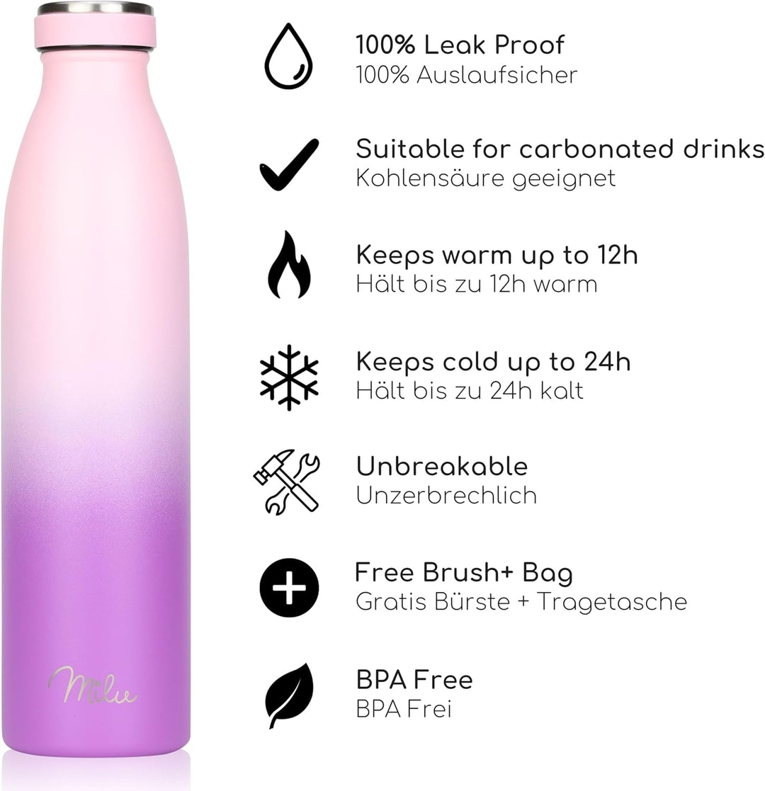 Milu Edelstahl Trinkflasche 350ml, 500ml, 750ml, 1L, 1,5L – Thermosflasche für Kinder Erwachsene aus