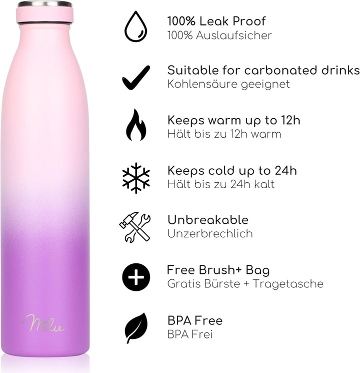 Milu Edelstahl Trinkflasche 350ml, 500ml, 750ml, 1L, 1,5L – Thermosflasche für Kinder Erwachsene aus