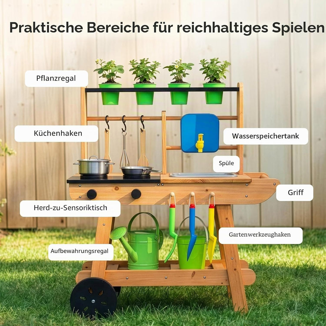 OOOK Matschküche Kinder Outdoor mit Rädern, Outdoorküche Kinder aus Holz, Gartenspielküche Outdoor f