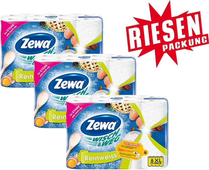 Zewa Wisch und Weg Küchenrollen Reinweiss, saugstarke Wischtücher in hellem Weiss, 3 x 8 Rollen (24