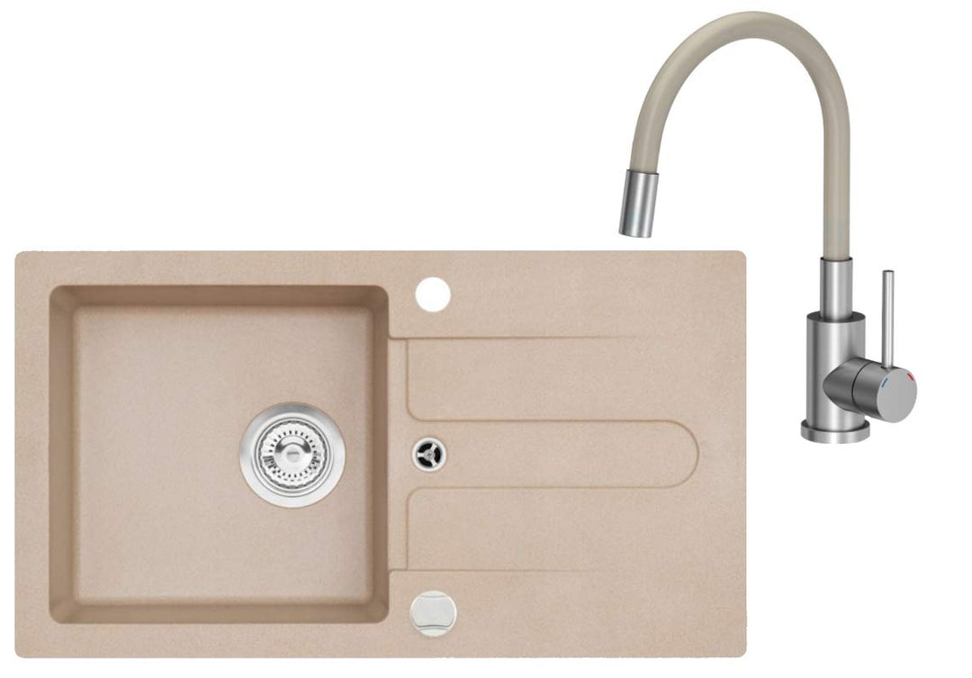 VBChome Spüle Beige 75 x 42 cm mit Spültischarmatur Granit Einzelbecken Einbauspüle gesprenkelt reve
