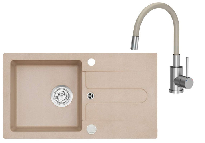 VBChome Spüle Beige 75 x 42 cm mit Spültischarmatur Granit Einzelbecken Einbauspüle gesprenkelt reve