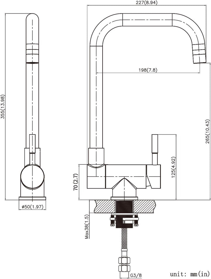 CECIPA Hochdruck Wasserhahn Küche Klappbar 180°, Vorfenster Küchenarmatur Klappbar mit 2 Strahlarten