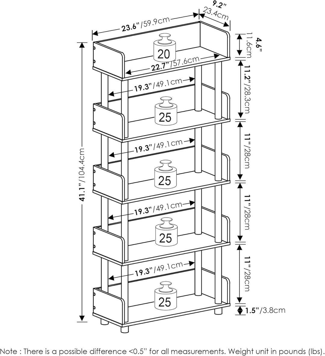 Furinno Turn-N-Tube 5-stufiges freistehendes Mehrzweck-Präsentationsregal, Bücherregal, Walnuss Waln