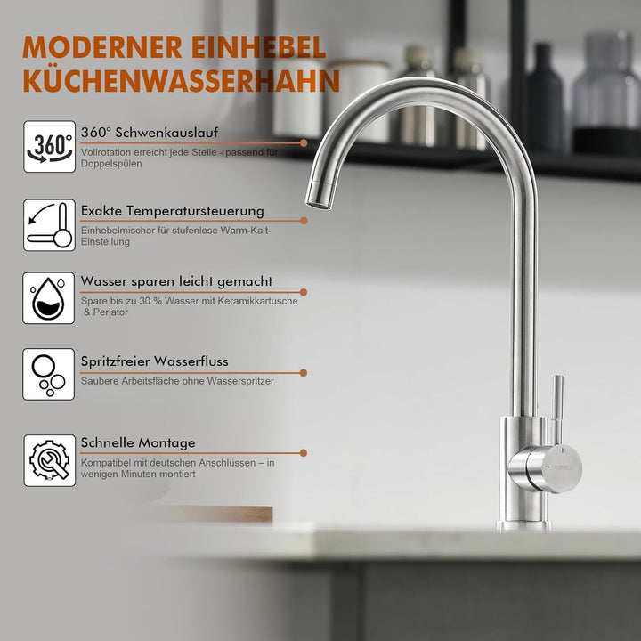 GRIFEMA Küchenarmatur Mischbatterie 360° Drehung- Wasserhahn Küche Edelstahl, Spültischarmatur mit H