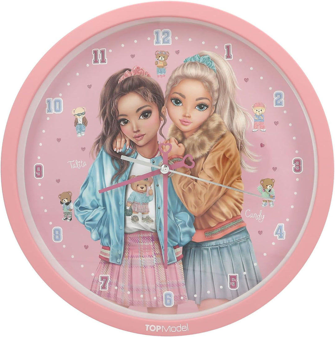 Depesche 13228 TOPModel Team Teddy - Wanduhr in Rosa für Kinder, mit Model-Motiv und Teddy, lautlose