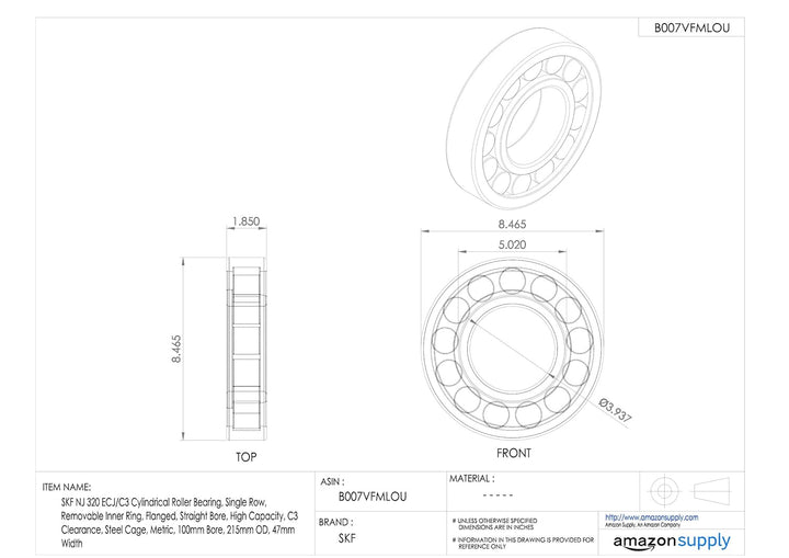 SKF NJ 320 ECJ/C3 Radialrollenlager, 100 ID, Stahl
