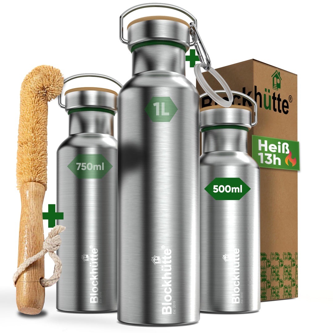 Blockhütte Premium Edelstahl Trinkflasche isoliert I 500ml I mit Flaschenbürste I Die iso Trinkflasc