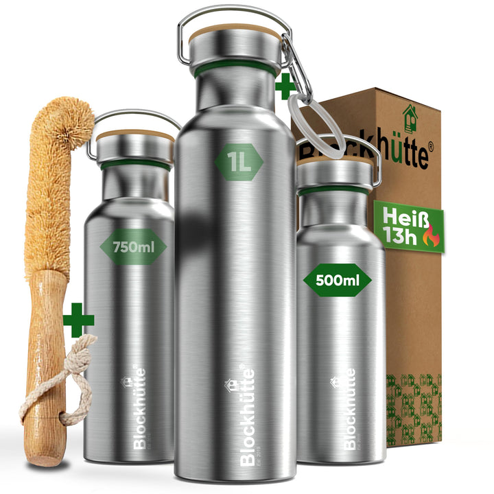 Blockhütte Premium Edelstahl Trinkflasche isoliert I 500ml I mit Flaschenbürste I Die iso Trinkflasc