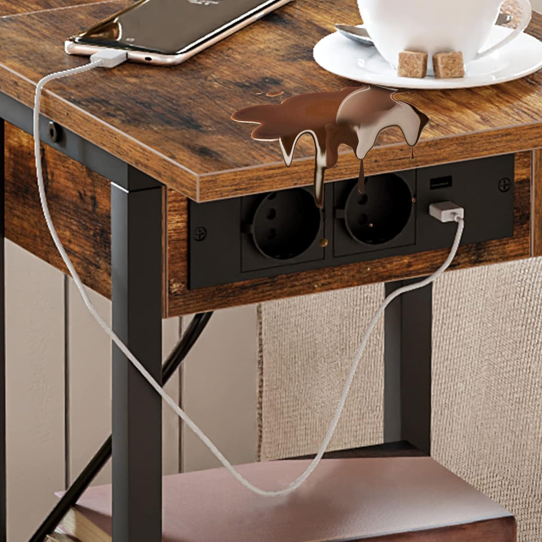HOOBRO Beistelltisch mit Ladestation, Flip C-Form Sofatisch, Couchtisch mit Rädern und Ablagefläche,