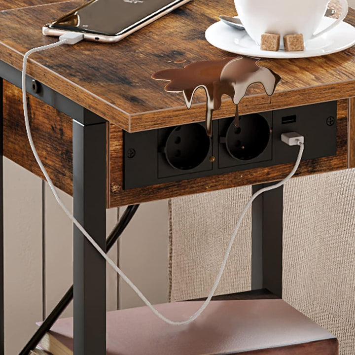 HOOBRO Beistelltisch mit Ladestation, Flip C-Form Sofatisch, Couchtisch mit Rädern und Ablagefläche,
