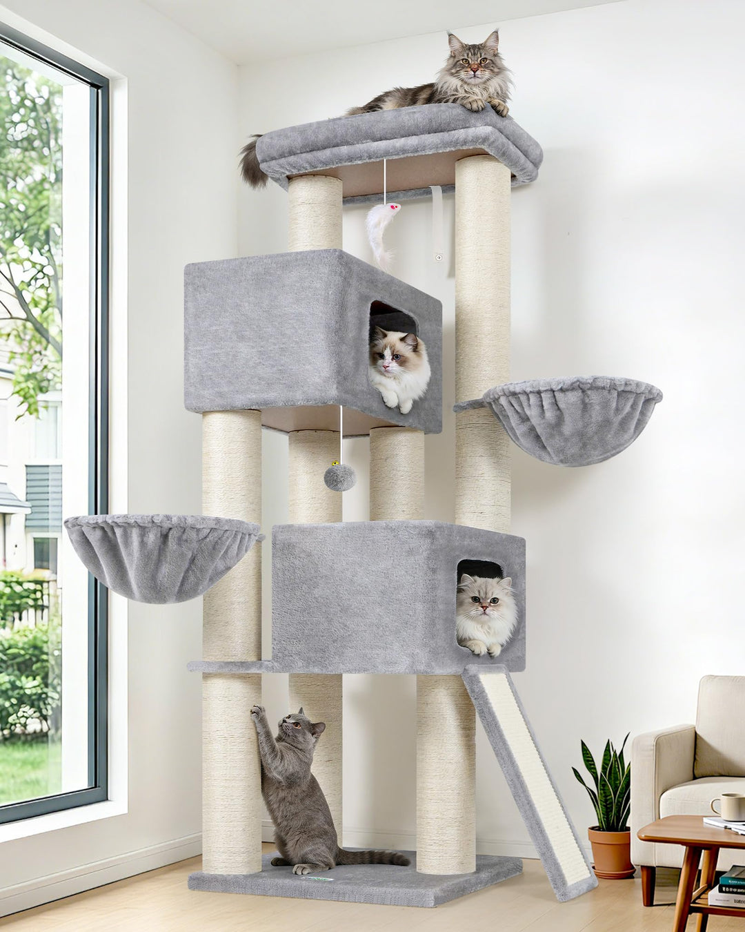 Globlazer Kratzbaum Dicke Stämme 11CM für Grosse Katzen mit 2 Extragross Katzenhaus 50*35*30cm, Ausr