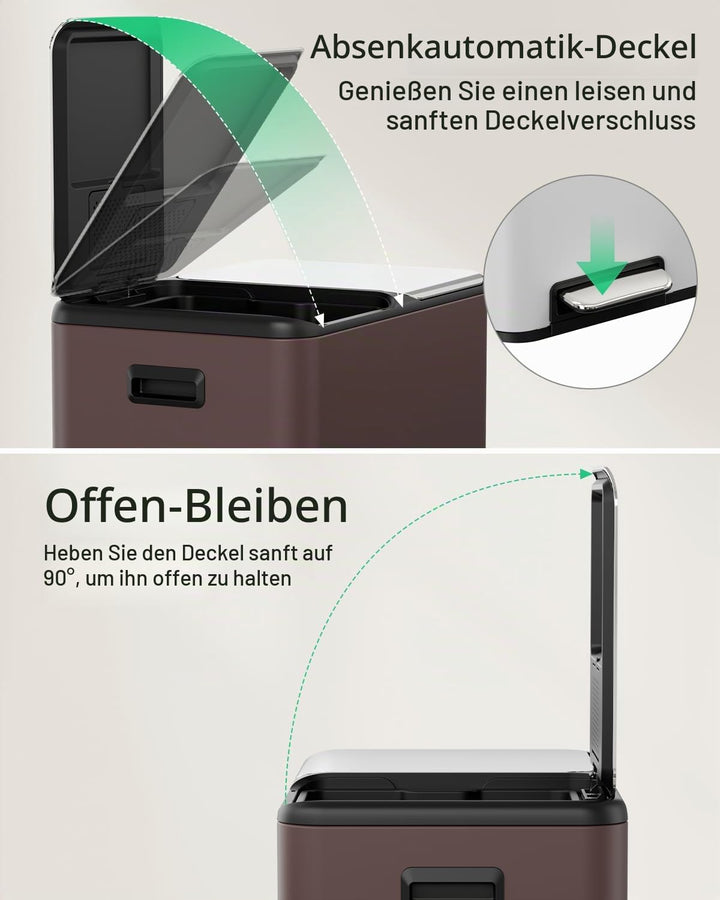 LIFERUN Mülleimer 2 Fächer, 2 x 30 Liter Treteimer mit Geruchsfilter, Deckel Geräuschlos, Inneneimer
