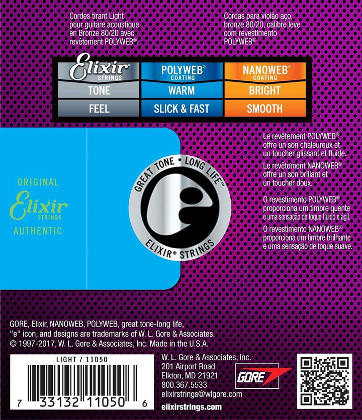 Elixir – Polyweb-Bronzesaiten für Akustikgitarren 11050 Light (12-53) 2er-Set