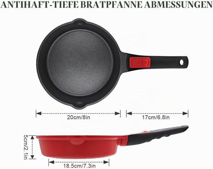 Pfanne 20cm mit Deckel, Aluminium Bratpfanne Hoher Rand mit Abnehmbarer Griff, für alle Herde|Anti-K
