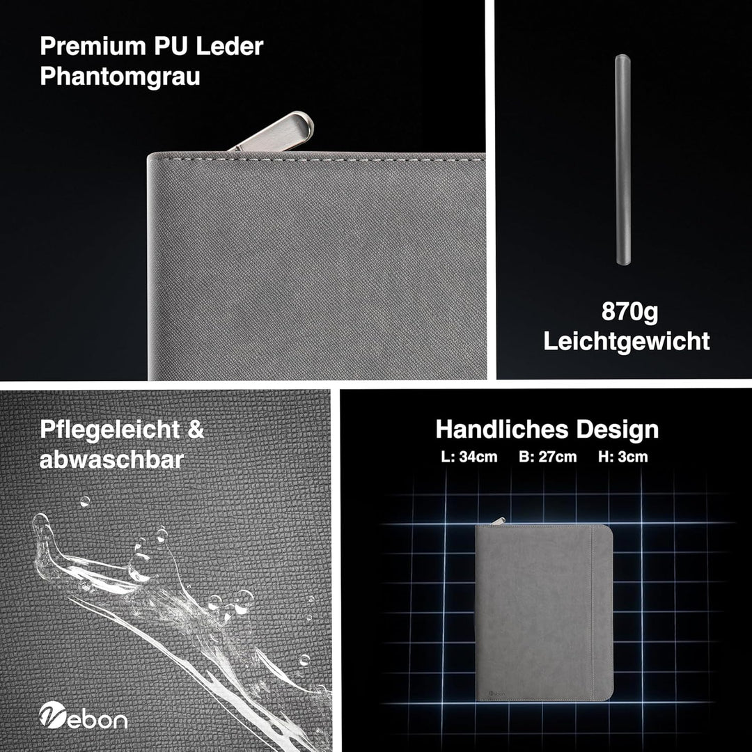 Vebon® Schreibmappe A4 gross Rom I Doppel Reissverschluss + Klemmbrett I Konferenzmappe + Laptoptasc