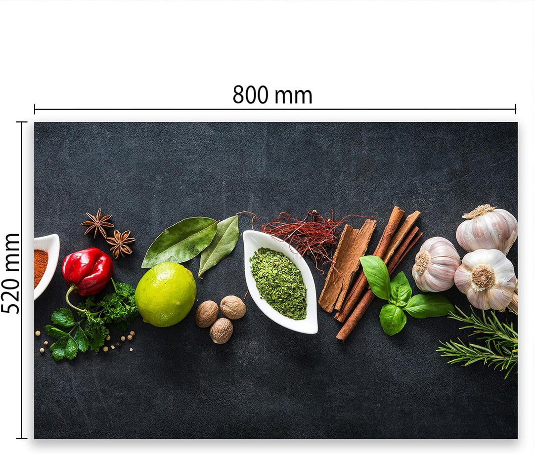 SmartDecoration Herdabdeckplatte Ceranfeldabdeckung aus Glas 80x52 cm Einteilig Motiv "Kräuter" Grau