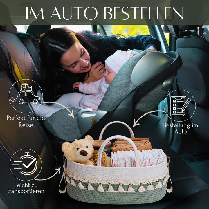 SEBRAM Wickeltisch Organizer Baby – Wickelkorb Boho aus Baumwollseil, Windel Organizer Caddy & Winde