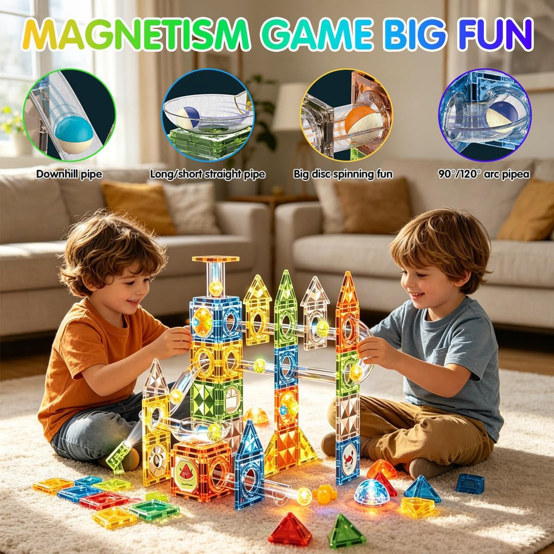 VICTERR Magnetische Bausteine Montessori Spielzeug 105 Teile mit LED & Kugelbahn – STEM Montessori S