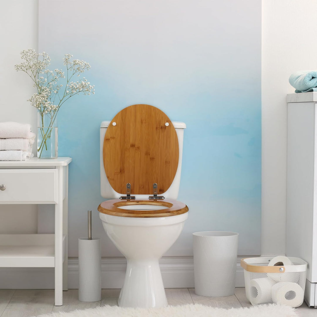 Relaxdays Toilettendeckel mit Absenkautomatik & Quick Release, 37,5 x 43,5 cm, Bambus, Montage von O