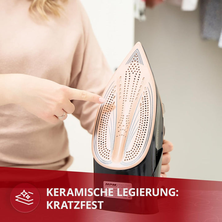 MPM Bügeleisen mit Keramiksohle MZE-24/C – 190g Dampfstoss - Kontinuierlicher Dampf - Vertikale Damp