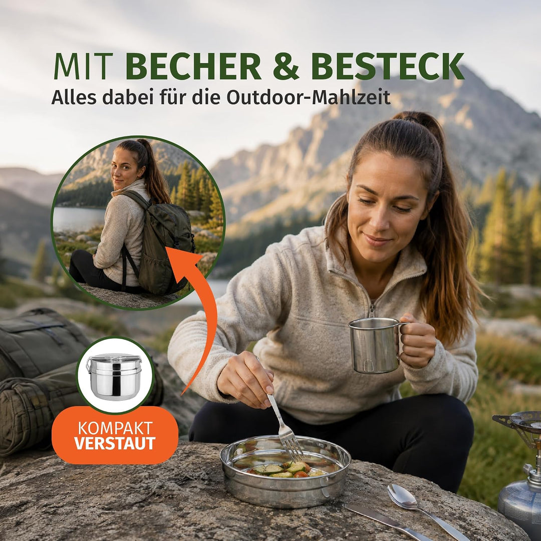 Moritz Camping Kochgeschirr Set 7-teilig Edelstahl - Topf Becher Besteck | Für 1-2 Personen, stapelb