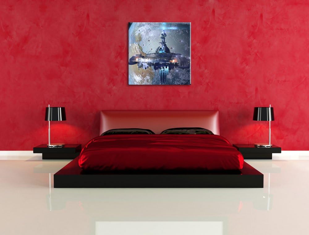 Pixxprint futuristisches Raumschiff vor der Erde, Format: 70x70 auf Leinwand, 70x70