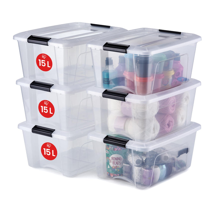 Iris Ohyama, 6er-Set, Aufbewahrungsboxen, 15 L, mit Clips, stapelbar, Wohnzimmer, Schlafzimmer, Gara