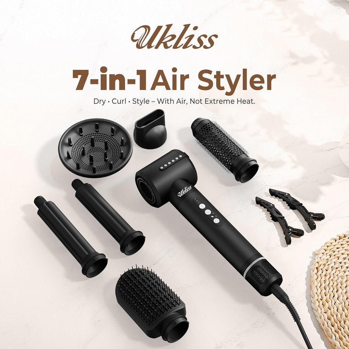 UKLISS 7 in 1 Pro-Hairstyler, Haarstyler & Föhn Set mit 1400 Watt Hair Dryer, Lockenstab Automatisch