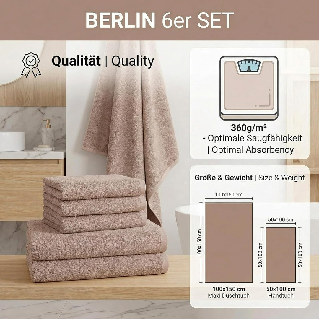 Betz Berlin 6er Set 2X Maxi Duschtuch 100 x 150 cm 4X Handtuch 50 x 100 cm 100% Baumwolle Farbe Capp