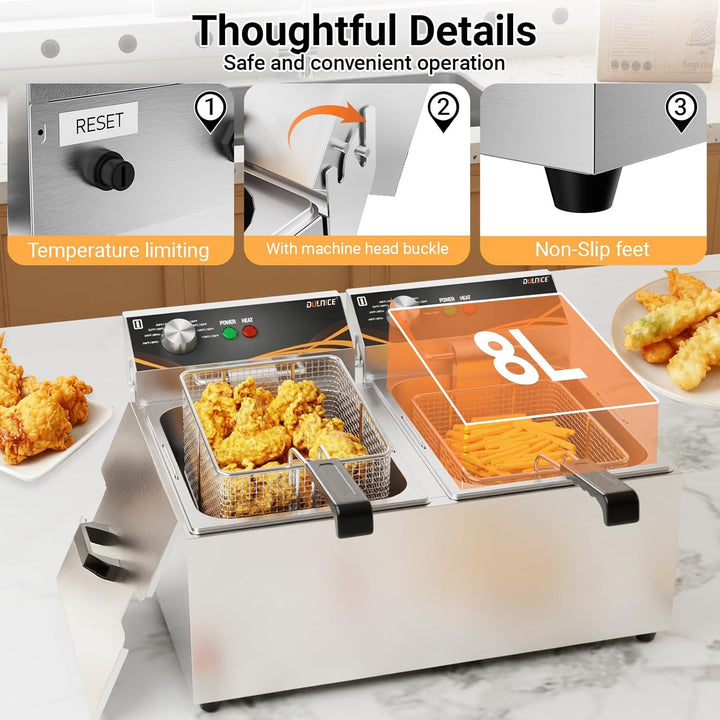 16L Doppelfriteuse Gastro, 2x3000W Edelstahl Elektrische Friteuse Temperaturbereich 60°C-200°C für G