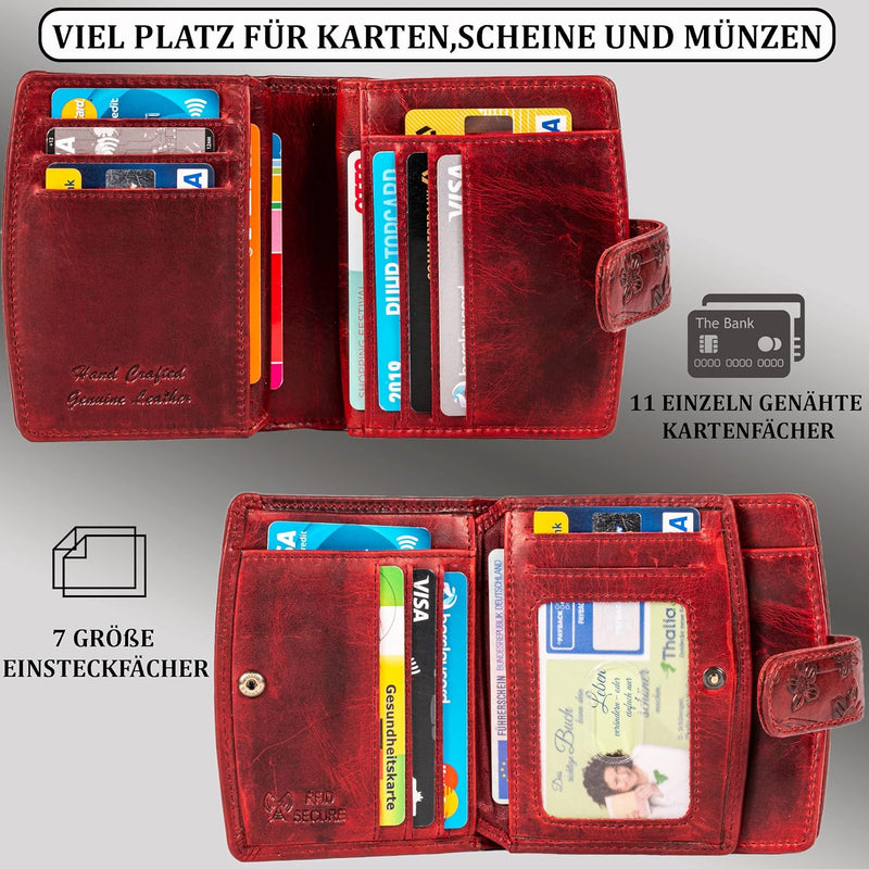 MATADOR Damen Geldbörse aus Echt Leder - TÜV Geprüfter RFID/NFC Schutz - Portemonnaie Blumenprägung