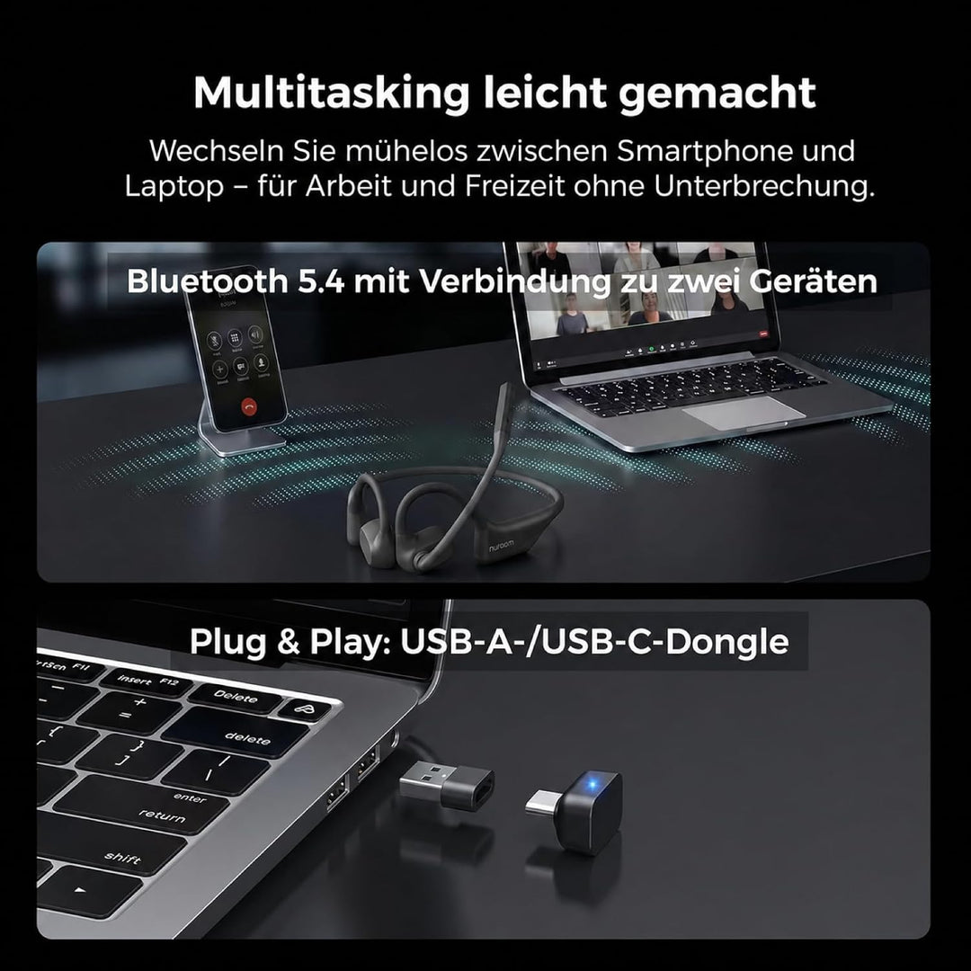 Nuroum OpenEar Pro 2 Kopfhörer mit Noise-Cancelling Mikrofon,Open Ear Bluetooth Kopfhörer mit Dongle