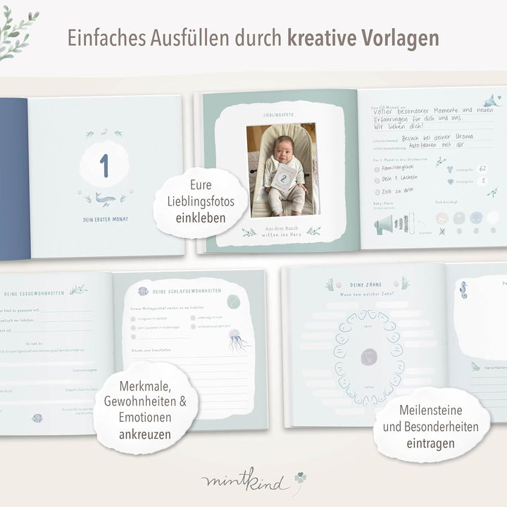 mintkind® Babyalbum "Mein erstes Lebensjahr" Wal + Sticker Set I Baby Fotoalbum zum Selbstgestalten