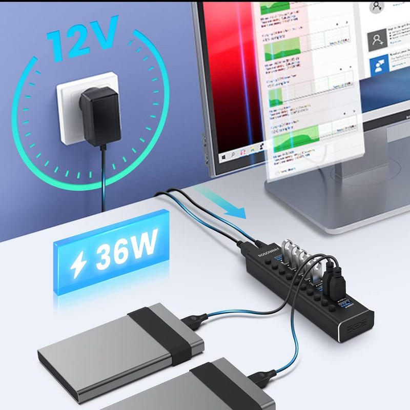 RSHTECH USB Hub Aktiv 3.0 mit 36W (12V / 3A) Netzteil, Aluminium 10 Ports Hub zum Laden und zur Date