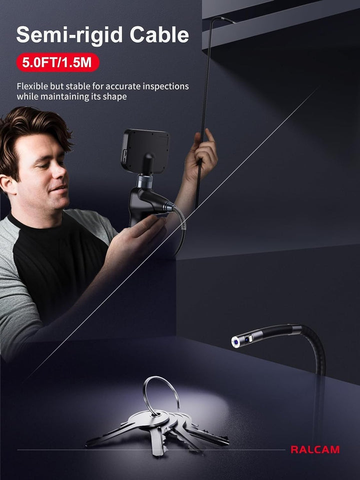 Ralcam Endoskopkamera mit Licht, Endoscope Camera mit 360° beweglichem Kopf, 6,5mm Dual-Sonde, 5" HD