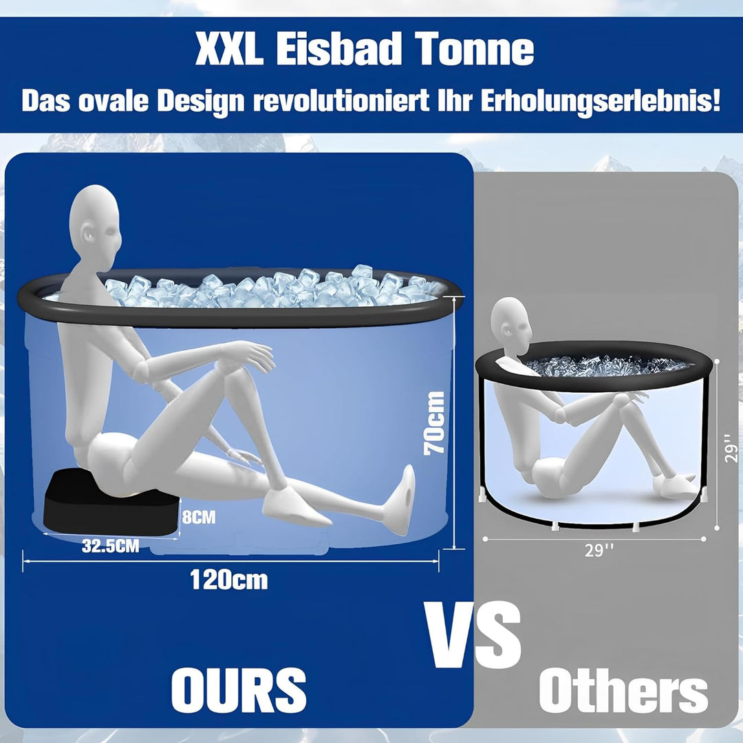 Ovales Eisbad XXL (120 cm) mit Abdeckung Komplettset - Faltbare Badewanne Erwachsene Eisbaden Tonne