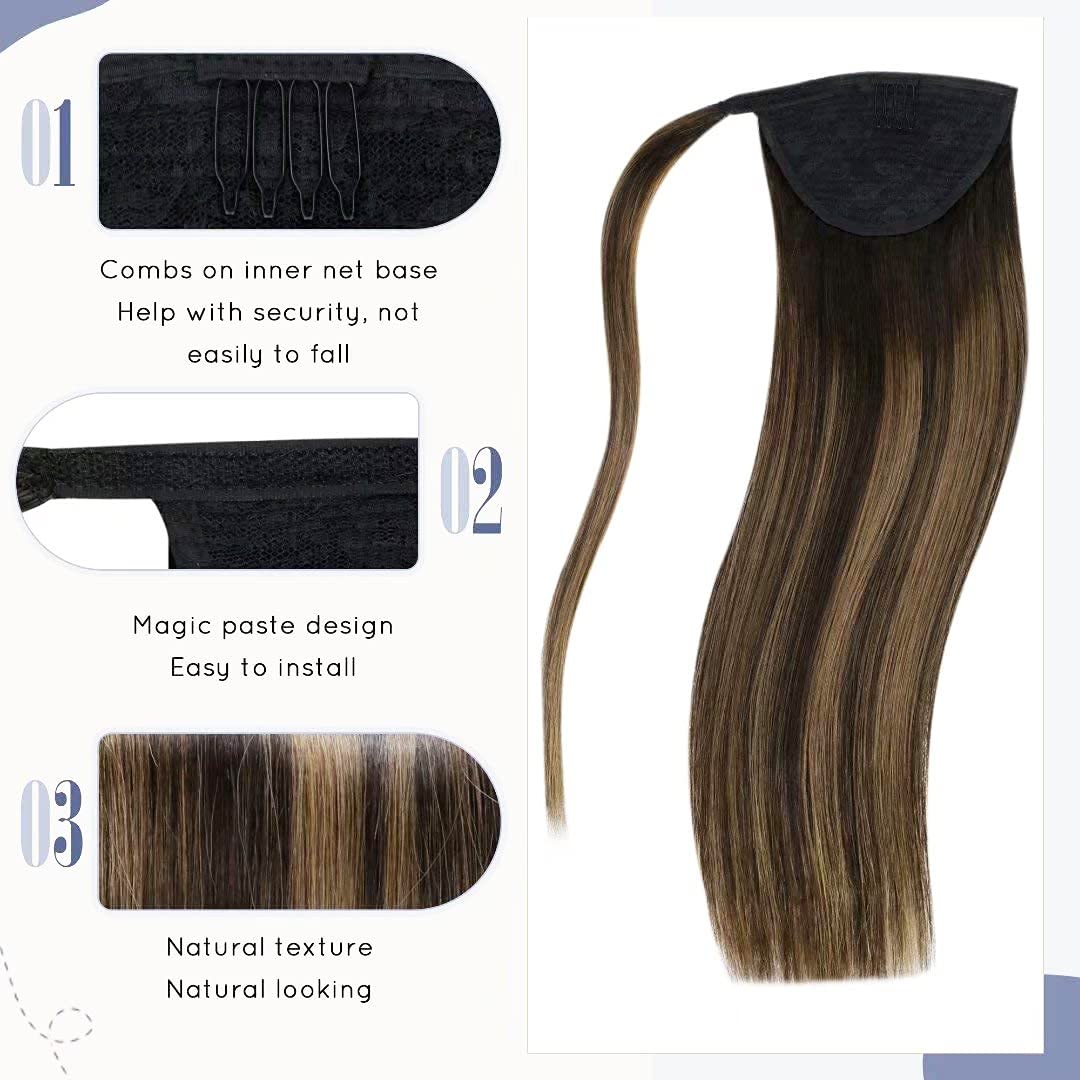 LaaVoo Balayage Braun Zopf Echthaar 45cm Extensions Echthaar Zopf Remy Human Hair 80g Glatt Ponytail